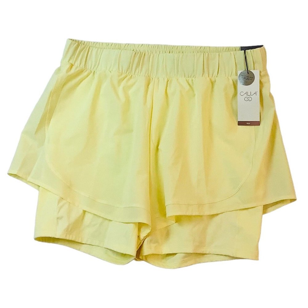New CALIA 2-In-1 Ruched Running Shorts Lemon Chiffon Choose Size Large